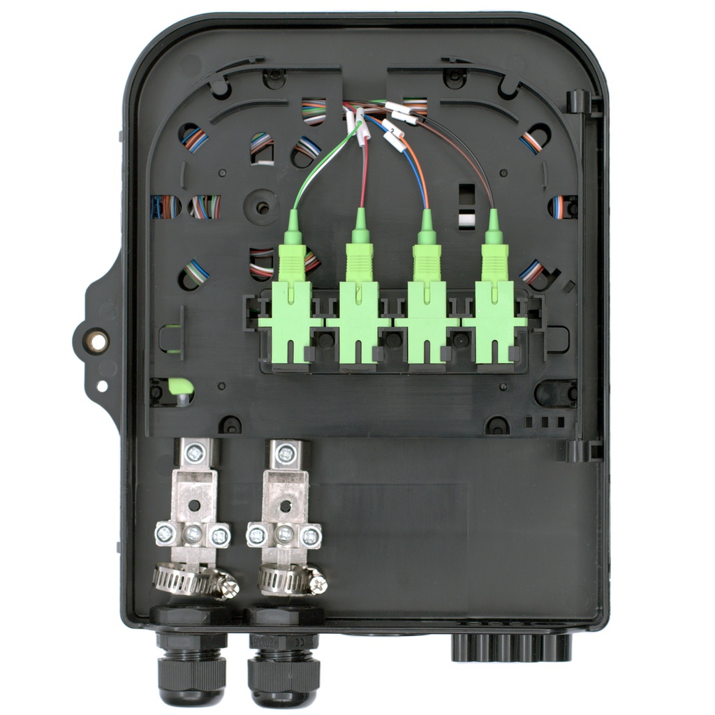 Terminal de Acceso de Fibra (BTFAT0211B) color negro, cargado con 8 adaptadores SC/APC - SC/APC - Simplex y 1 splitter 1:8.