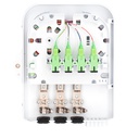 Terminal de Acceso de Fibra (BTFAT0411W) color blanco, cargado con 8 adaptadores SC/APC - SC/APC - Simplex y 1 splitter 1:8.