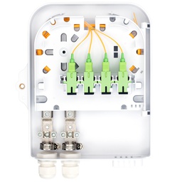 [BTFAT0211801803W] Terminal de Acceso de Fibra (BTFAT0211W) color blanco, cargado con 8 adaptadores SC/APC - SC/APC - Simplex y 8 pigtails OS2 de 1.5M (amarillo).