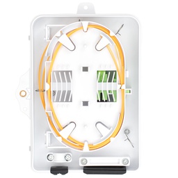 [BTFAT0111401403W] Terminal de Acceso de Fibra (BTFAT0111W) de color blanco, equipada con 4 adaptadores SC/APC - SC/APC - Simplex y 4 pigtails OS2 de 1.5 metros (amarillo).